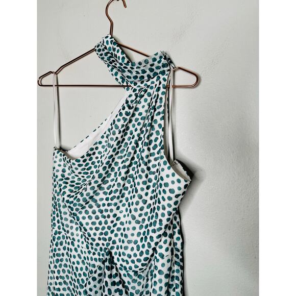 ELLE ZEITOUNE Blue Polka Dot Satin Halter Neckline Tie Waist Grace Gown Size L - Picture 10 of 16